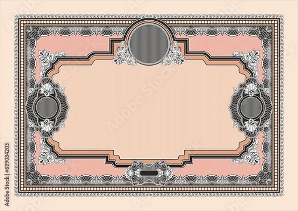 Fototapeta Blank horizontal form for creating certificates, diplomas or other securities and documents. Made in a classic style with rococo elements in pink tones. A4 format.