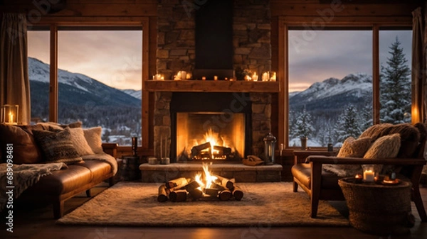 Fototapeta typical cozy interior of a winter mountain cabin with crackling fireplace and rustic furnishings