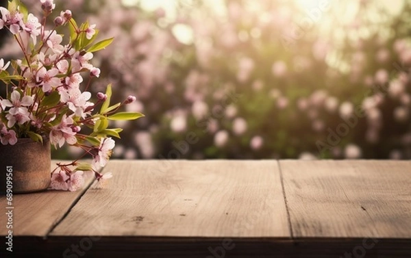 Obraz Empty wooden table, display with spring nature theme background. Beautiful blooming cherry branches. Copy space for product presentation, showcase.