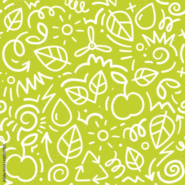 Obraz Seamless eco pattern on green background, doodle style, hand drawn