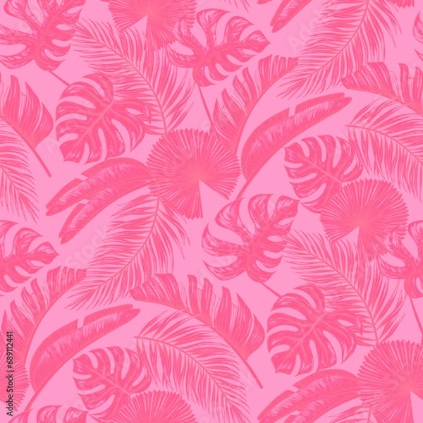 Fototapeta Tropical leaf seamless pattern. Colorful vivid print with beautiful palm jungle leaves. Repeated luxury design for packaging, cosmetic, fashion, textile, wallpaper. Realistic high quality illustration