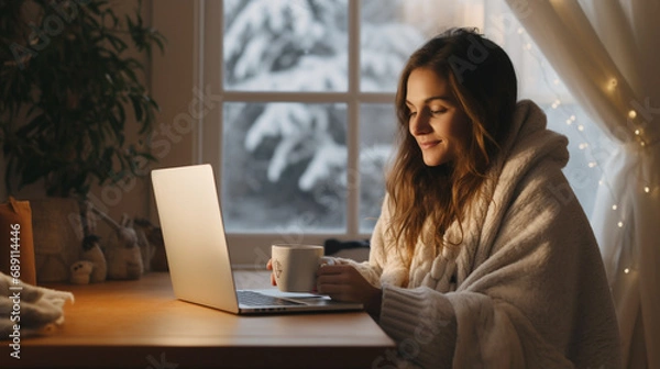 Fototapeta woman with cosy furry blanket working on laptop with coffe mug during winter. 