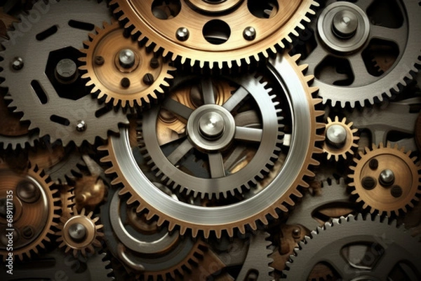 Fototapeta Gears of silver and copper close-up view side view