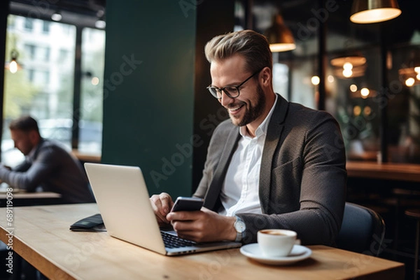Fototapeta Smiling middle aged man sitting in a coffee shop and checking his bank account on mobile and laptop. Handsome businessman using the laptop for e-banking at cafe.