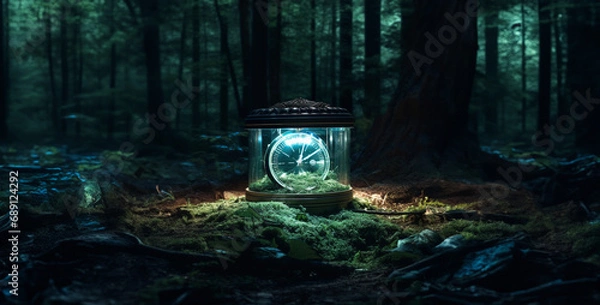 Fototapeta forest in the forest, photo realistic empty metal time capsule emerging out