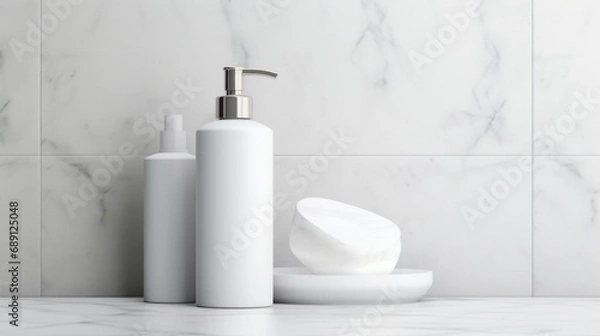 Obraz 3D mockup products of White empty cosmetic products, white soap lotion, shampoo or shower gel, mockup and bottles in the style of light gray and white in modern bathroom interior Free Copy Space