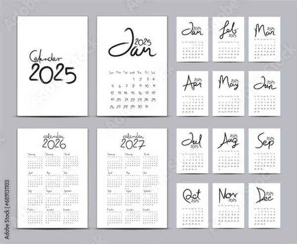 Obraz Desk calendar 2025 template set, Calendar 2026-2027, Lettering calendar, hand-drawn vector illustration, wall calendar 2025 year black and white, Set of 12 Months, Week starts Sunday, Stationery