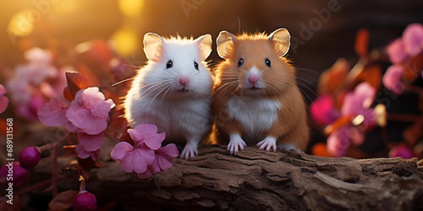 Fototapeta Süße Meerschweinchen mit Blumen für Poster im Querformat für Banner, ai generativ