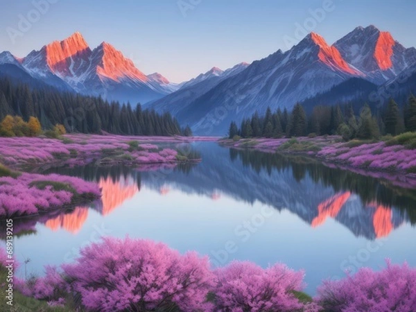 Fototapeta peaceful landscape, showing a dreamlike capture of the beauty of mountains, lake with calm and serenity, pink, blue and yellow color, Peaceful, landscapes concept, generative ai