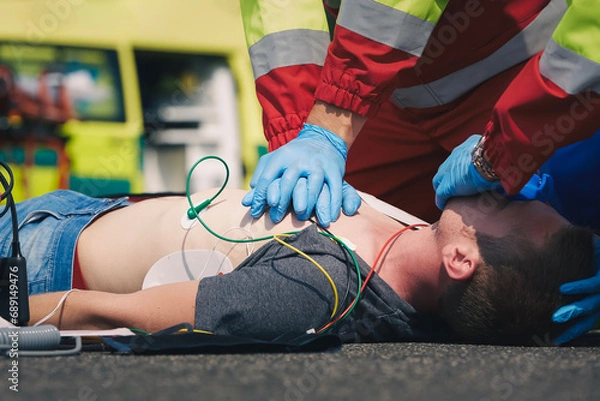 Fototapeta Hands of paramedic and doctor during resuscitation on road against ambulance car. Patient and team of emergency medical service. Themes rescue, urgency and health care..