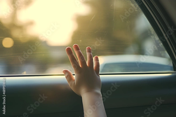 Obraz Child's hand on car door glass. A child is left alone in a car or confined. Traveling and moving house or orphans.