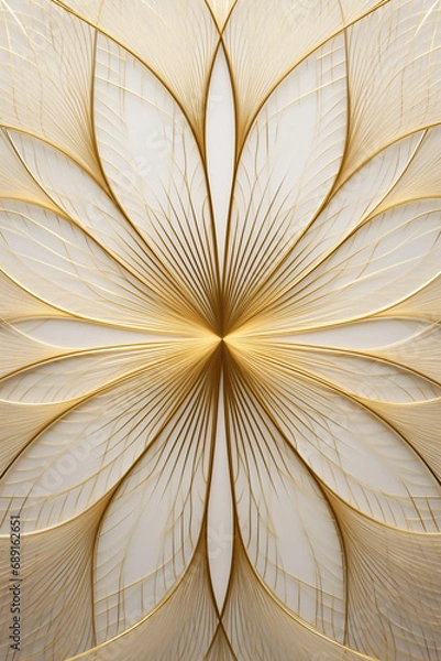 Obraz hyperbola and parabola patterns, kaleidoscopic, white leaf on textured gold paper created with Generative Ai