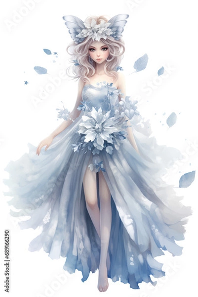 Obraz Winter fairy in the blue sparkling dress, fairytale watercolor illustration isolated with a transparent background, cute fairy girl fashion design