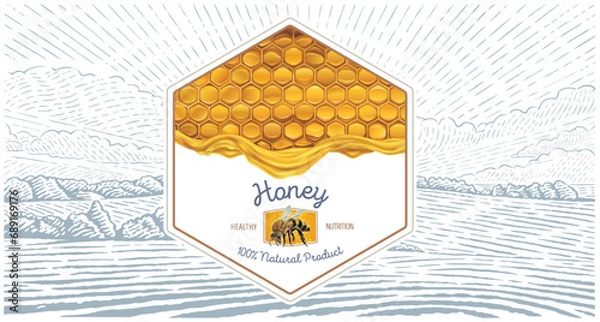 Fototapeta Combined illustration, which includes of a honeycomb filled with honey, with a bee and a rural landscape in the background. Form of a set as a label layout,  Vector illustration.