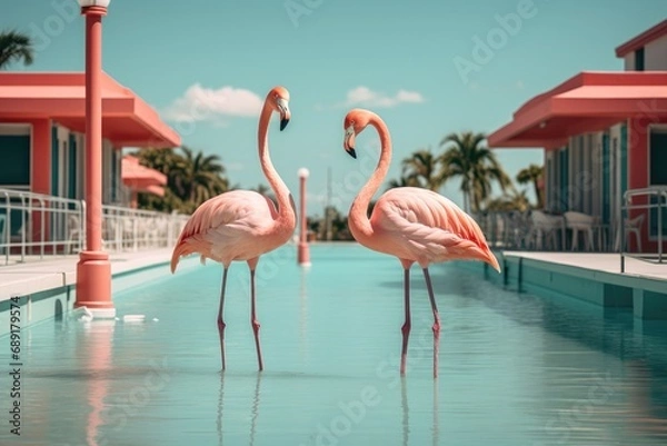 Fototapeta Pink flamingos swim alongside a resort, generative ai
