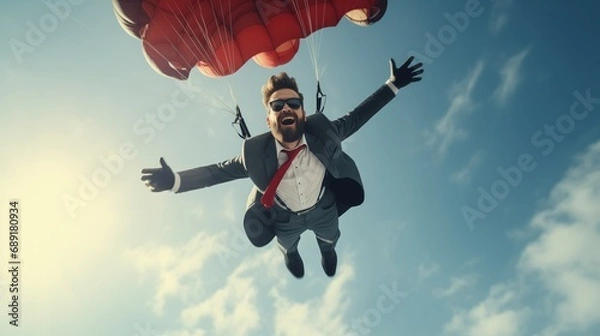 Obraz Conceptual image of businessman flying with parachute on back.

