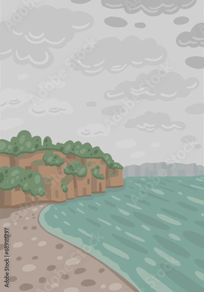 Fototapeta Vector cartoon sea scenery. Vertical illustration of ocean landscape with clouds