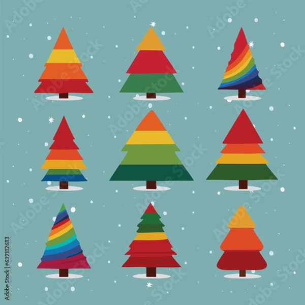 Fototapeta A festive ensemble comprising precisely 9 adorable rainbow Christmas pine trees, each exuding charm and merriment.