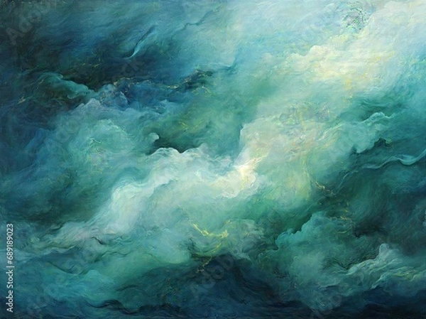 Fototapeta Emerald Whisper: An Abstract Dance of Green Mist, Drips, and Waves