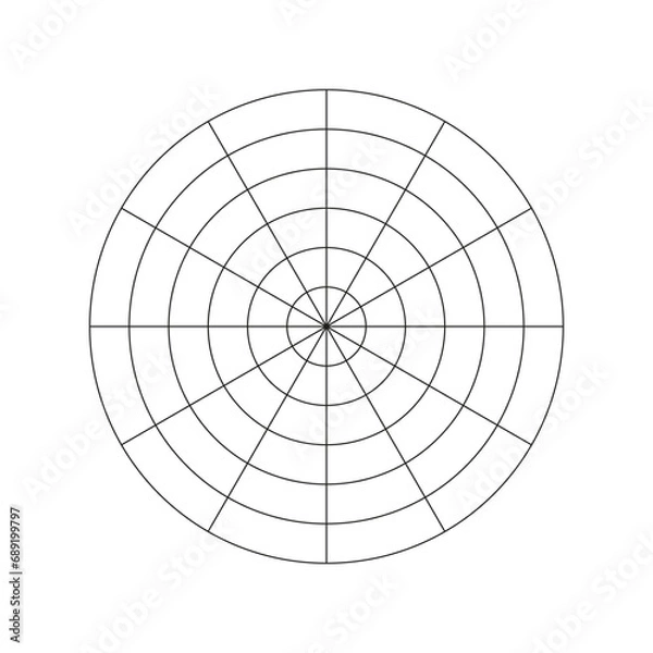 Fototapeta Simple coaching tool for visualizing all areas of life. Polar grid of 12 segments and 5 concentric circles. Circle diagram of lifestyle balance. Wheel of life template. Vector blank polar graph paper.