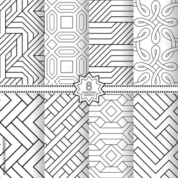Fototapeta A set of vector seamless patterns. Modern geometric textures. Monochrome, linear.