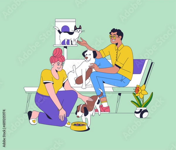 Fototapeta People with cat and dogs with plants around at home. Flat vector illustration