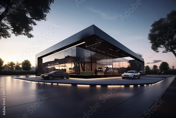 Obraz minimalistic architectural design of a modern car service center at dusk