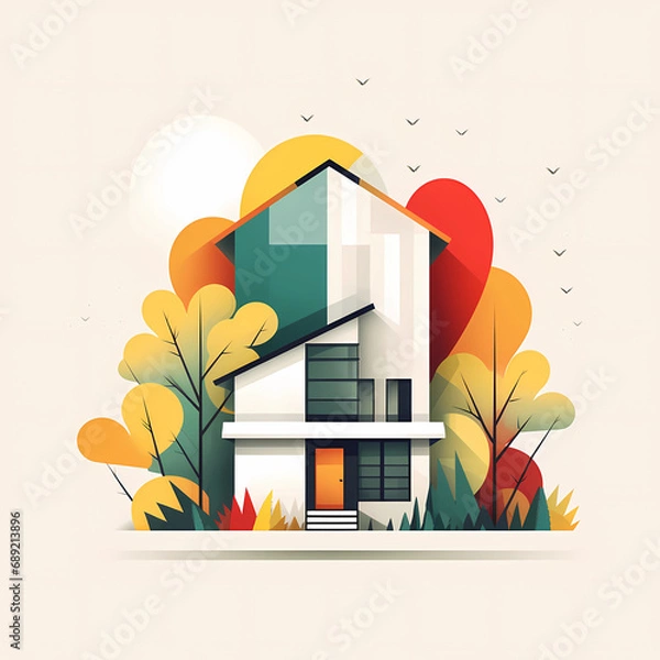 Fototapeta minimalist modern house design surrounded by colorful trees illustration