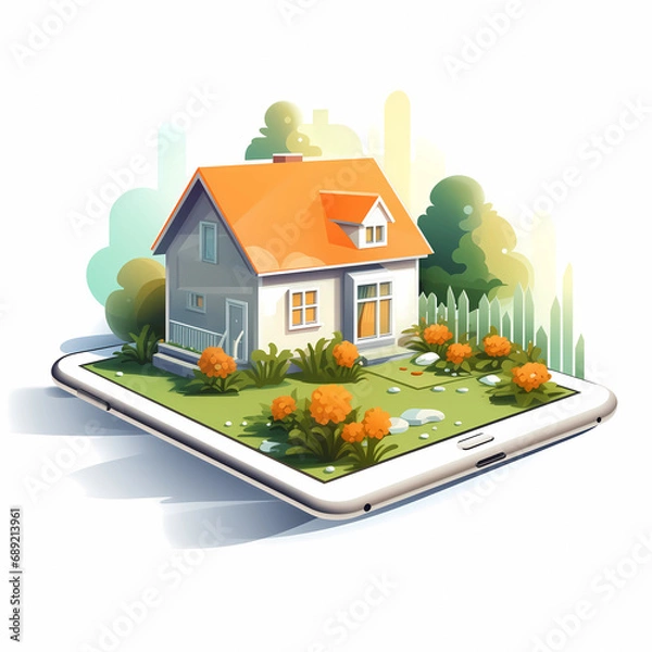 Fototapeta illustration of a cozy house on a smartphone screen representing a property booking app
