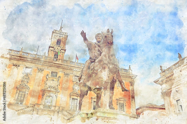 Fototapeta Digital illustration in watercolor style of the Equestrian statue of Marcus Aurelius in Rome on the Capitoline Square, Italy