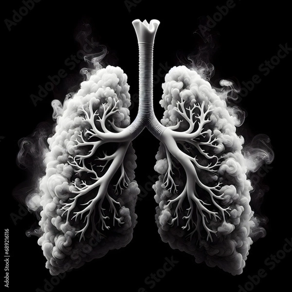 Obraz White smoke in the form of lungs, black background with space to place text.