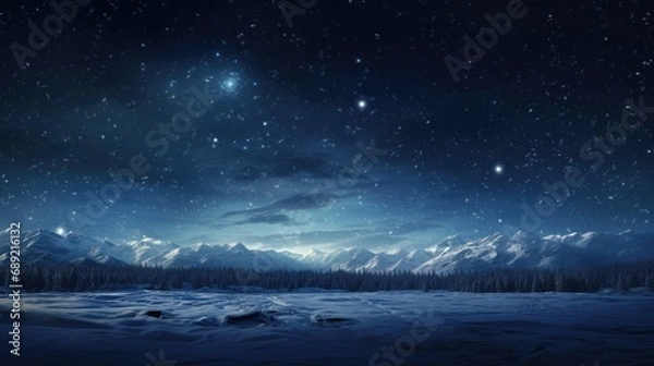 Fototapeta a snowy landscape with mountains and stars in the sky