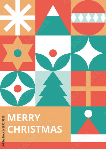 Fototapeta Bauhaus-Style Christmas postcard with Trendy colored mosaic texture. Geometric seamless pattern with winter elements. Christmas decoration in Scandinavian style. Happy holidays card. New year texture.