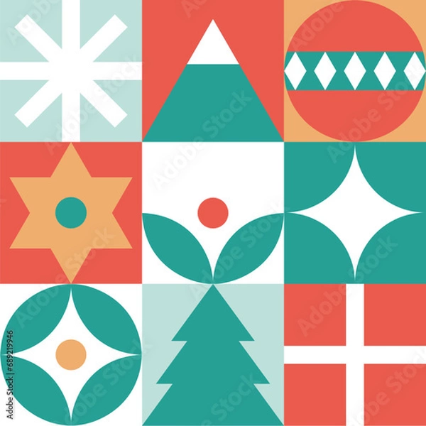 Fototapeta Bauhaus-Style Christmas pattern - trendy colored mosaic texture. Geometric seamless pattern with winter elements. Christmas decoration in Scandinavian style. New year texture.