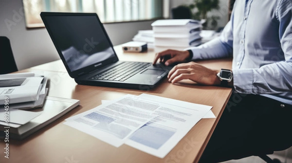 Obraz Close-up of a man's hands typing on a laptop keyboard, with a stack of paperwork beside them