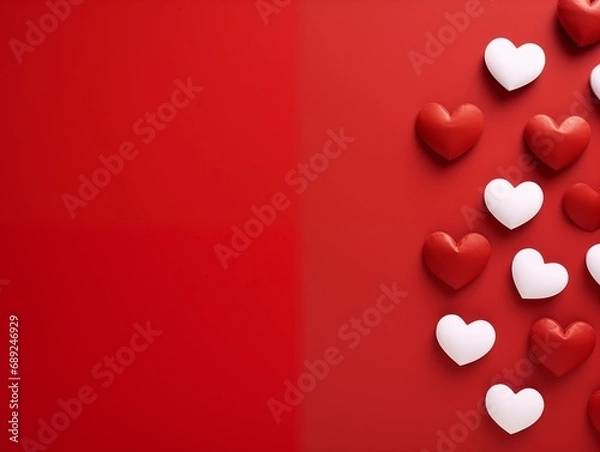 Fototapeta White and red hearts on red backgroud on right side with copyspace. Valentine concept