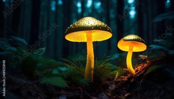 Fototapeta Golden neon mushroom glowing in a dark forest - bioluminescent mushrooms. Bioluminescence. Beauty of nature. Magical mushrooms