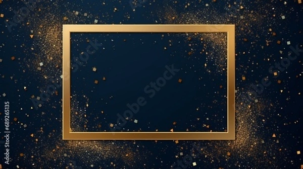 Fototapeta Rectangle gold frame on dark blue glitter background.Generative AI