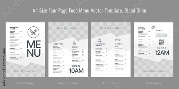 Fototapeta Restaurant cafe menu, template design, A4 size four page food menu template, Bleed 3mm
