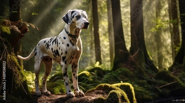 Obraz Dalmatian joyfully exploring the forest, its tail wagging in excitement as it takes in the sights and scents of the natural surroundings.