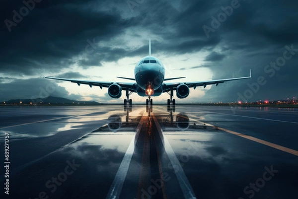 Fototapeta Boeing airplane landing at an airport at sunset. Generative AI.