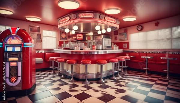 Fototapeta A retro style diner kitchen complete with checkered floors, red vinyl bar stools, and a jukebox playing classic tunes, exuding nostalgic vibes ai generative
