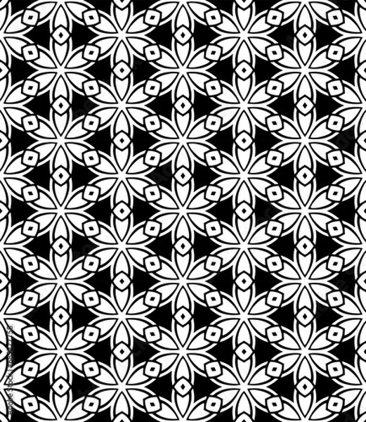 Fototapeta Black and white seamless abstract pattern. Background and backdrop. Grayscale ornamental design. Mosaic ornaments. Vector graphic illustration. EPS10.