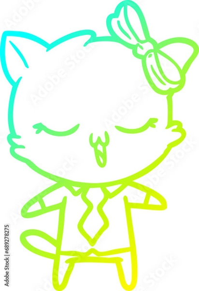 Fototapeta cold gradient line drawing of a cartoon cat with bow on head