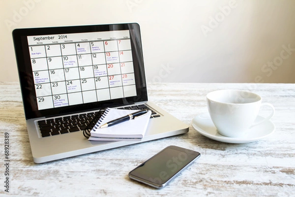 Fototapeta Checking monthly activities in the calendar in the laptop