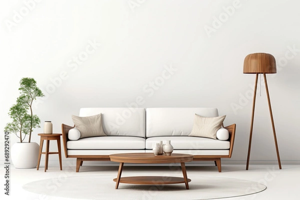 Fototapeta Living room interior in cozy Scandinavian and modern style decoration with sofa, wooden table and plant with empty wall copy space for mock up, minimal decor design concept.