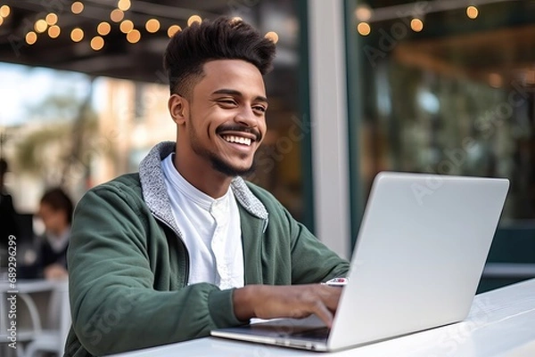 Fototapeta Smiling young business man using laptop sitting outdoor. Happy guy student or professional looking away in city cafe elearning, hybrid working, searching job online thinking of digital solution.