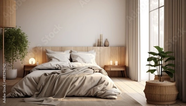 Fototapeta Warm bedroom with a large window, plants, lamps, and wooden decor elements, creating a relaxed atmosphere
