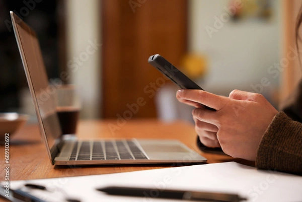 Fototapeta Close up hands using smartphone reading news or using applications, network connection