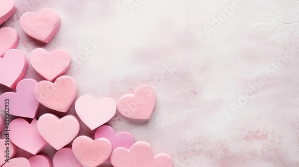 Fototapeta Valentine's Day background. Pink hearts on pastel pink background. Valentines day concept. Flat lay, top view, copy space